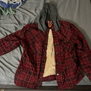 Red Flannel Fur Lined Winter Jacket with Hood